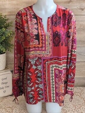 size 2 Chico's Red And Orange Paisley Blouse